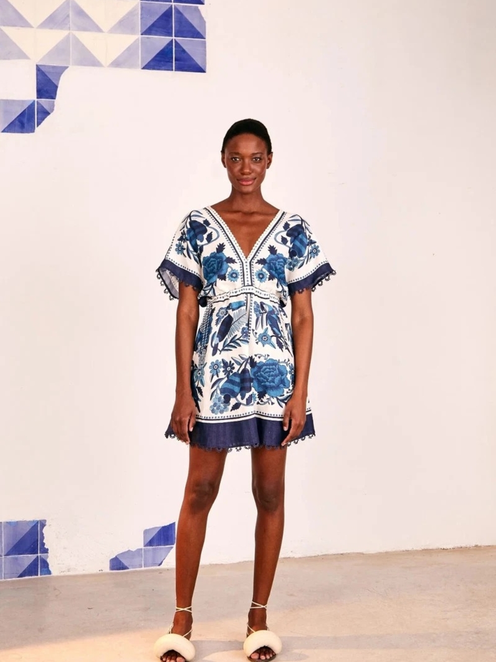 Farm Rio Tropical Tiles Floral Linen-Blend Mini A-Line Dress.